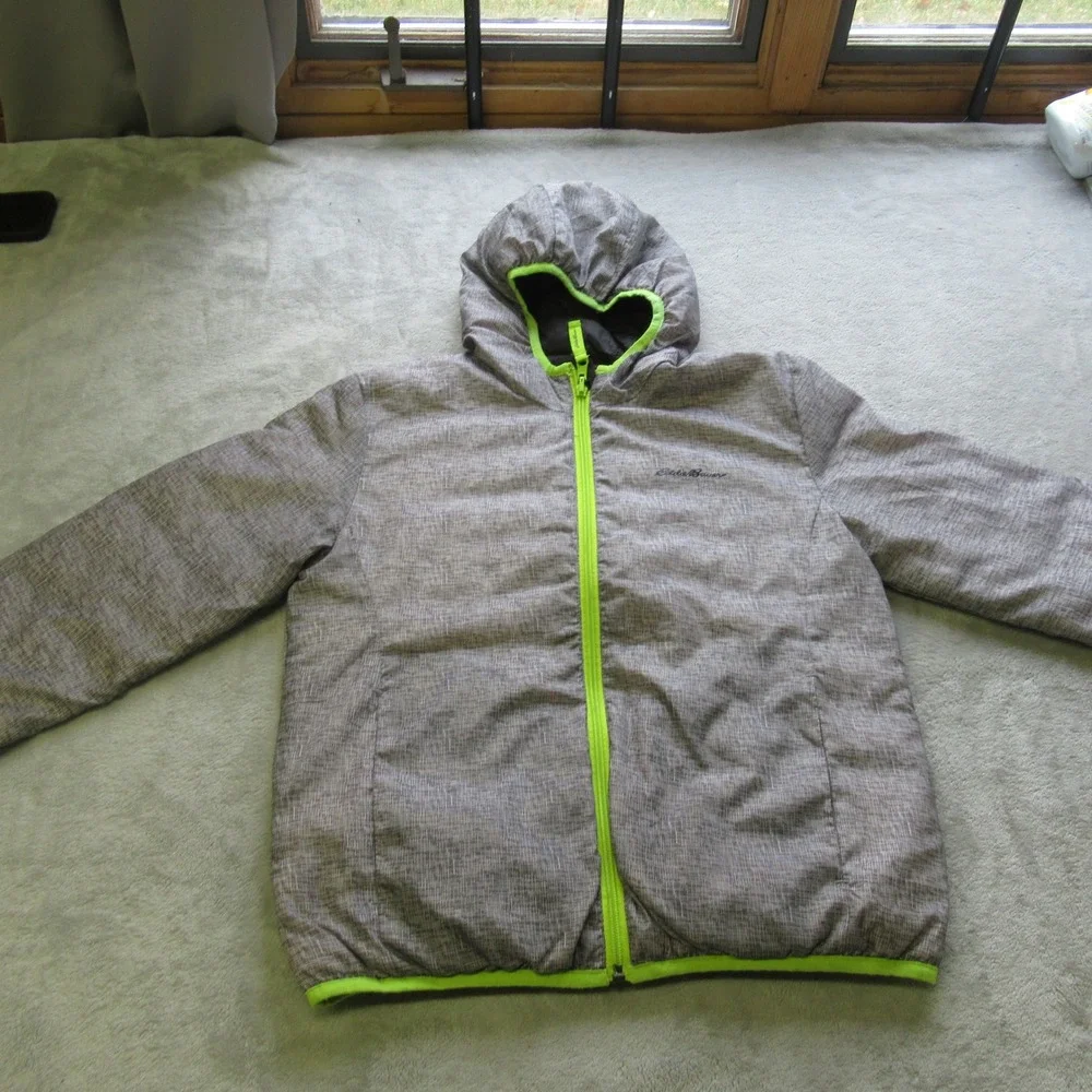 Eddie Bauer‎ Down Jacket Kids Medium Gray Black Reversible Puffer Cirruslite